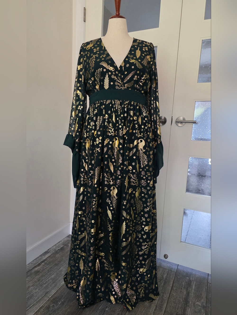 Unique Vintage Brand Green & Gold Foil Peacock Print Empire Waist Maxi Dress